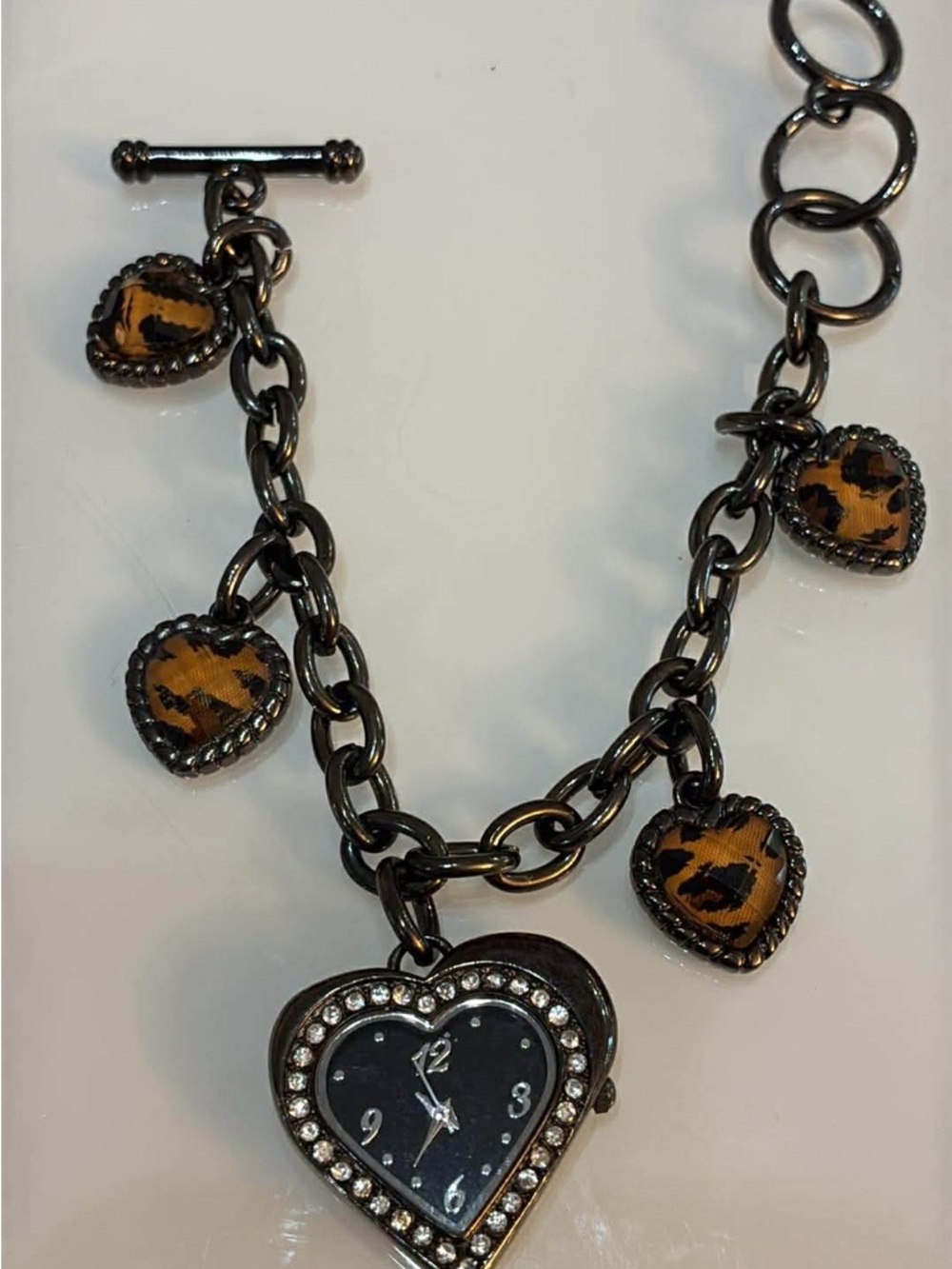 Heart Charm Leopard Print Watch Bracelet - Black and Brown